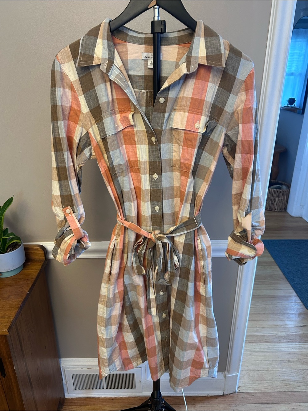 L.L. Bean Plaid Button-Front Midi Dress in Peach, Brown & Cream